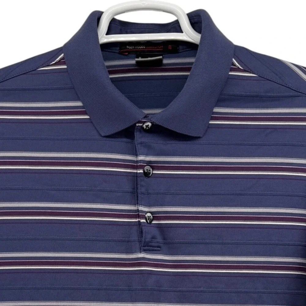 Nike Tiger Woods Collection Dri-FIT Polo Shirt Mens Medium Blue Purple Striped